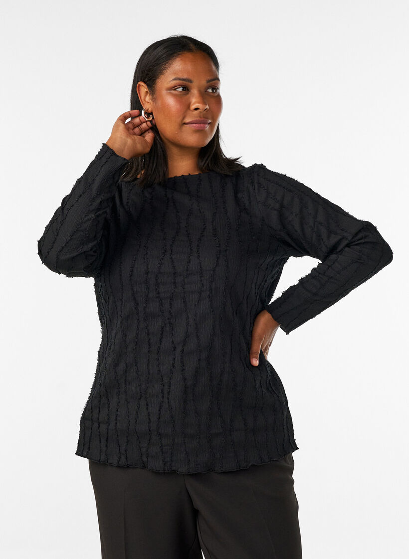 Blus i jersey med v&aring;gig struktur, Svart, Model image number 0
