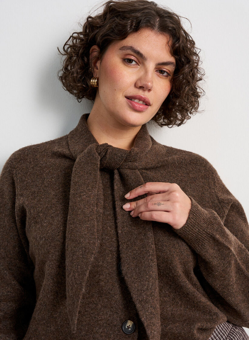 Cardigan med knytband och knappar, Brun, Model image number 3