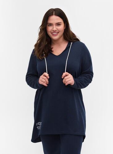 Lång sweatshirt med v-ringning och huva, Dark Sapphire, Model image number 0