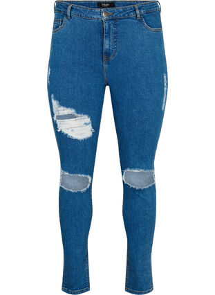 Kroppsnära jeans med slitdetaljer, Blue denim, Packshot image number 0
