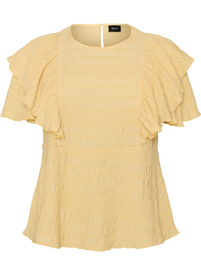 Blus med smock och volang&auml;rmar, Gul, Packshot image number 0
