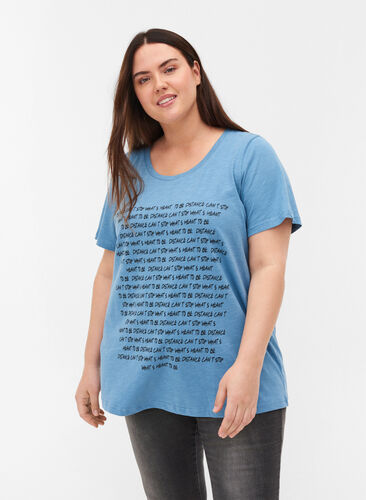 T-shirt i ekologisk bomull med tryck, Blue Heaven Melange, Model image number 0
