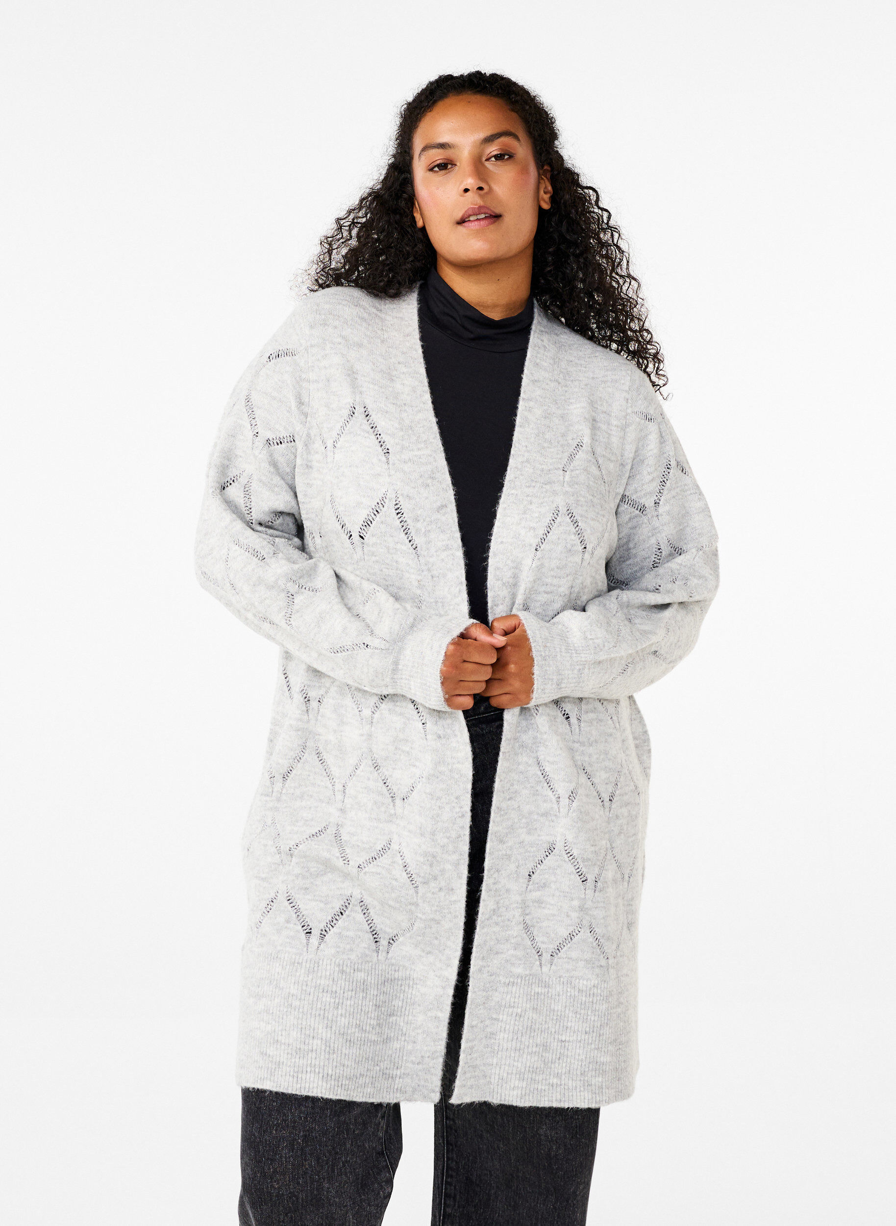 Zizzi Stickad kofta med l&aring;ng &auml;rm, Light Grey Melange, Model image number 0