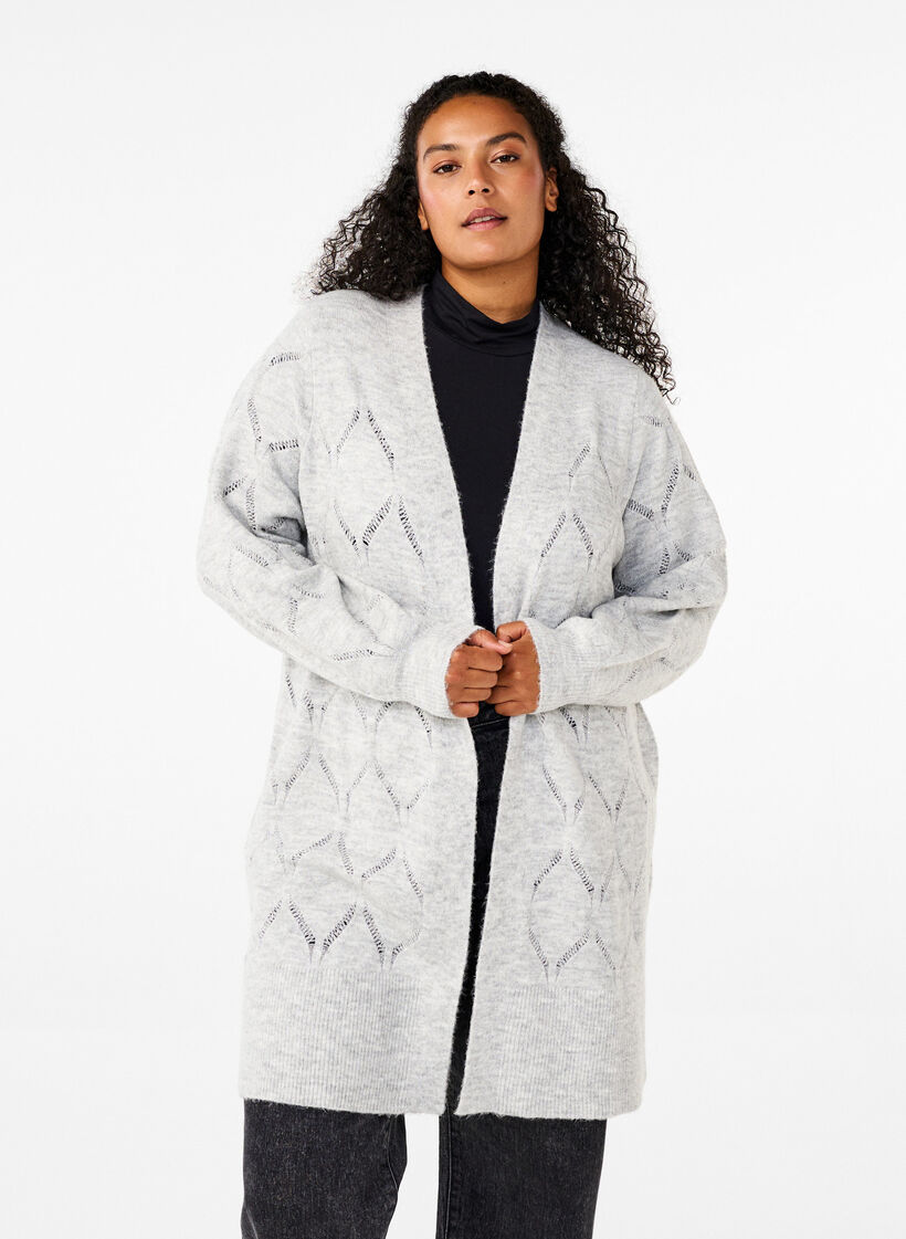 Stickad kofta med lång ärm, Light Grey Melange, Model image number 0