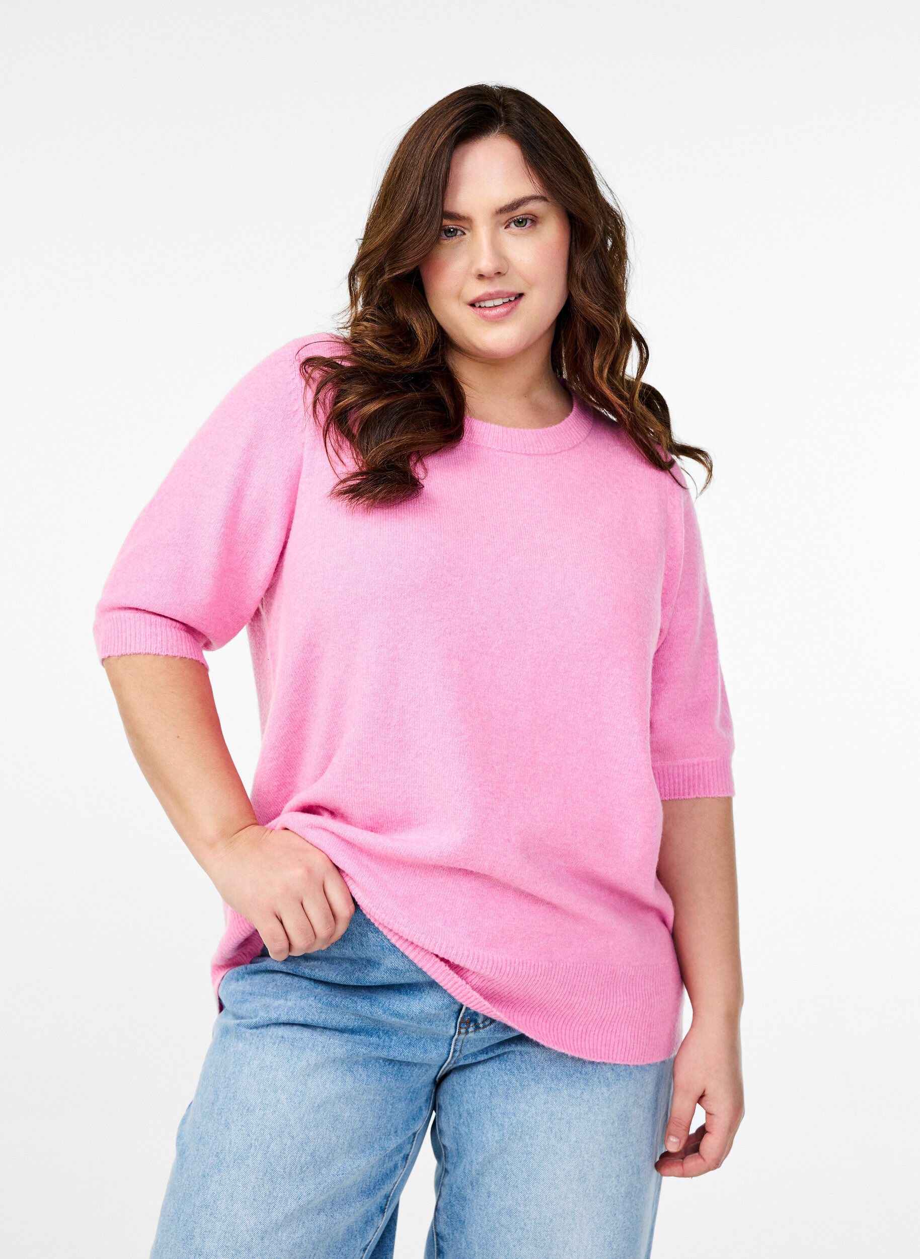 Zizzi Stickad blus med korta &auml;rmar, Rosa, Model image number 0
