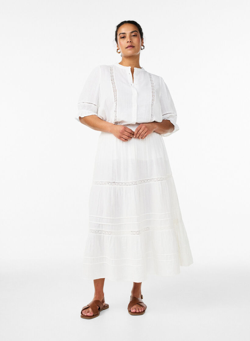 A-linjeformad midikjol i bomullsmuslin med virkat band, Vit, Model image number 0