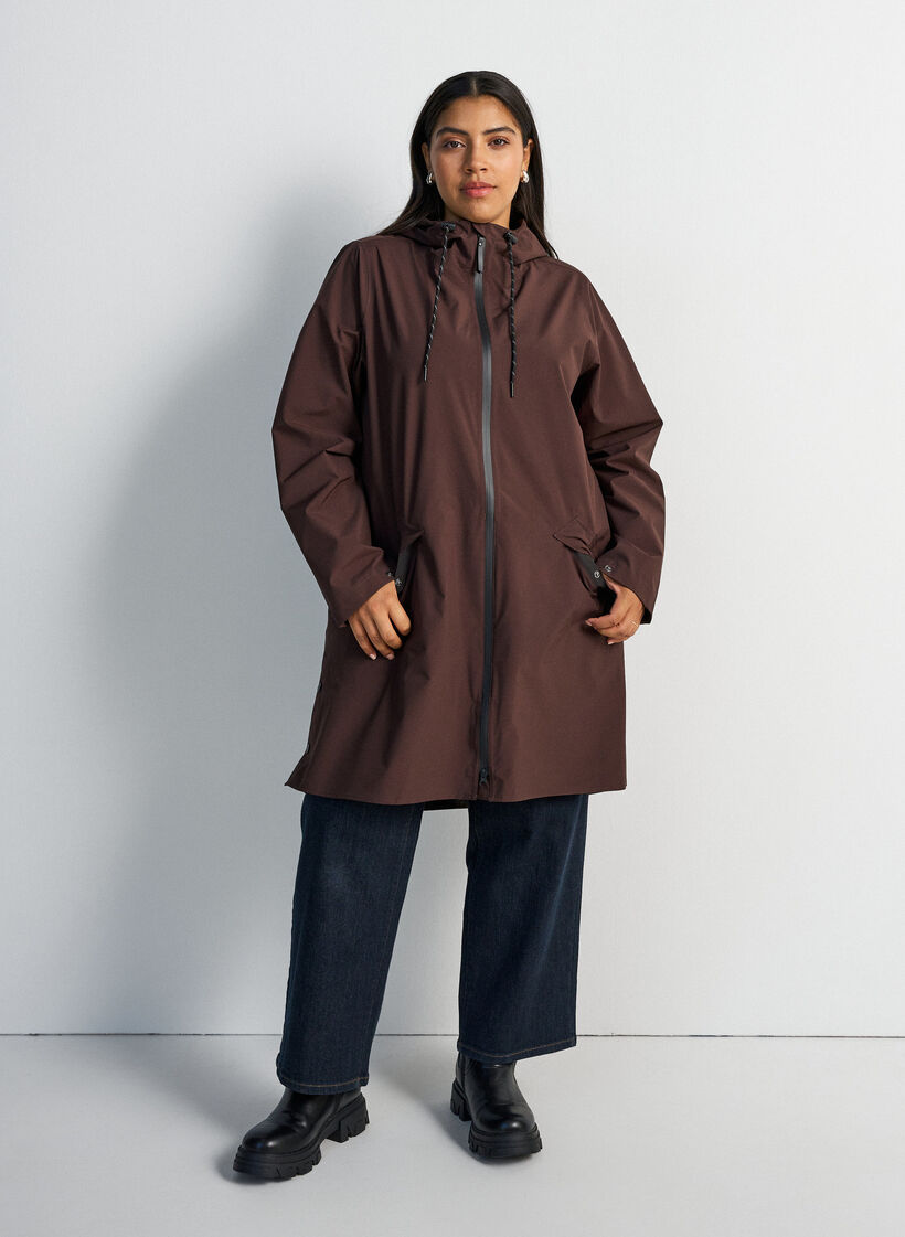 Regnkappa med fickor och huva, Brun, Model image number 1