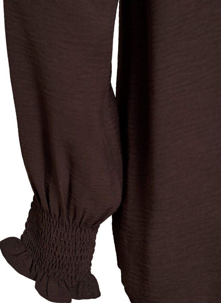 Blus med smockade manschetter och v-ringning, Brun, Packshot image number 3