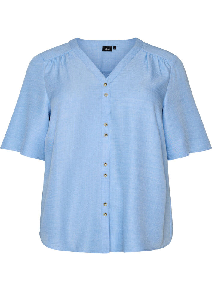 V-ringad skjortblus med korta &auml;rmar, Bl&aring;, Packshot image number 0