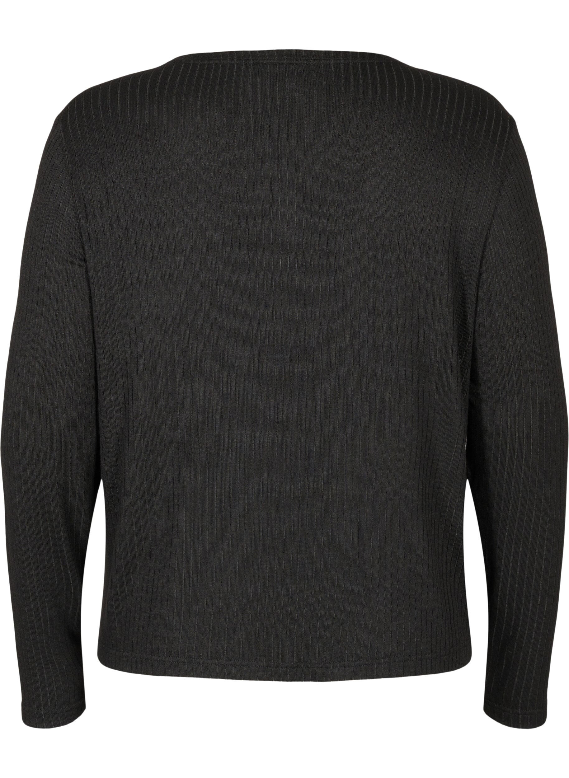 Zizzi Ribbstickad cardigan med sn&ouml;rning, Black, Packshot image number 1