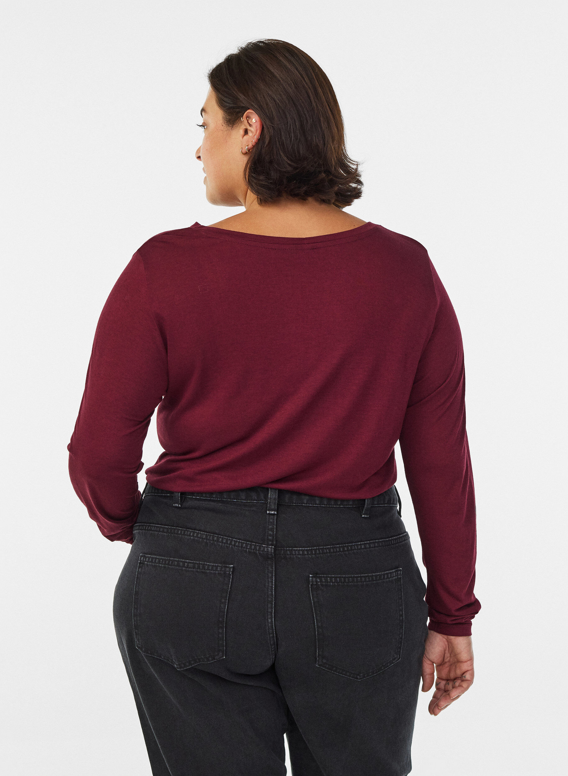 ZizziL&aring;ng&auml;rmad blus i ull och viskos, M&ouml;rk Bordeaux, Model image number 2
