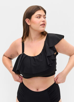 One shoulder-bikinitopp med volang, Black, Model image number 0