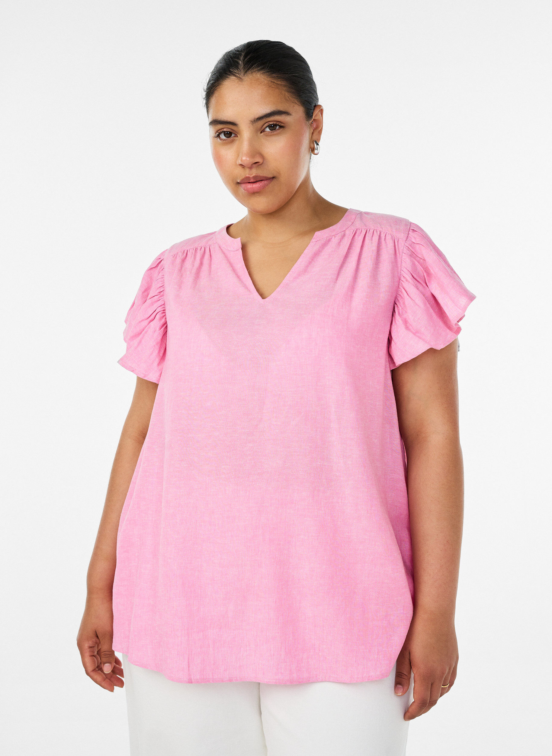 ZizziBlus i viskos och linne med volang&auml;rmar, Rosa, Model image number 0