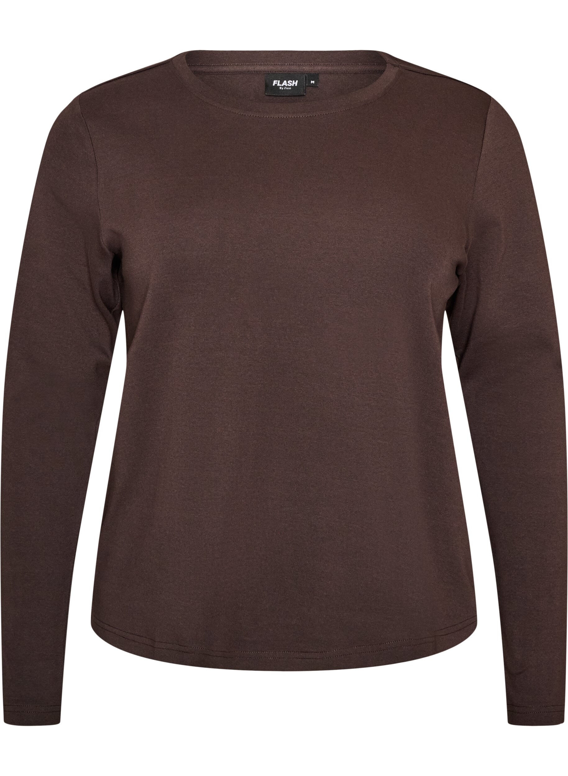ZizziL&aring;ng&auml;rmad bas-T-shirt med rund hals, Brun, Packshot image number 0
