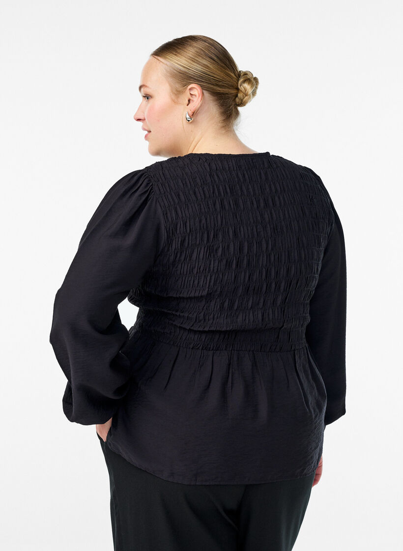 Blus med smock och l&aring;nga &auml;rmar, Svart, Model image number 2