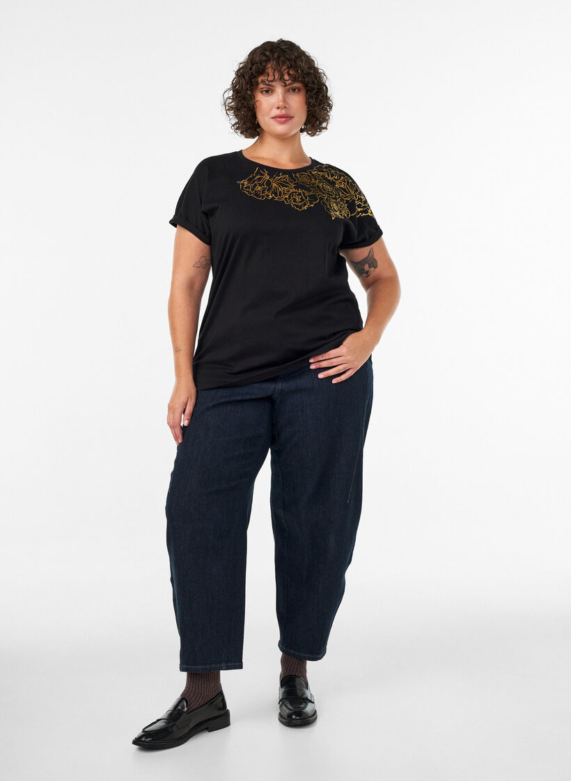 T-shirt i bomull med blommigt m&ouml;nster, Svart, Model image number 1