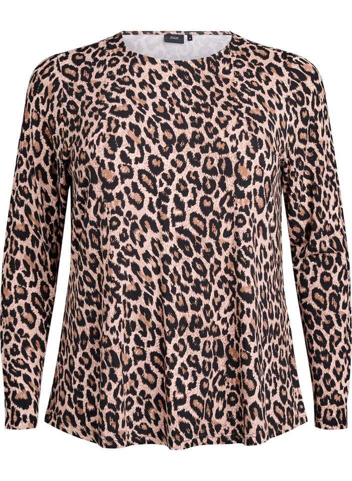L&aring;ng&auml;rmad blus med leopardm&ouml;nster, Brun, Packshot image number 0