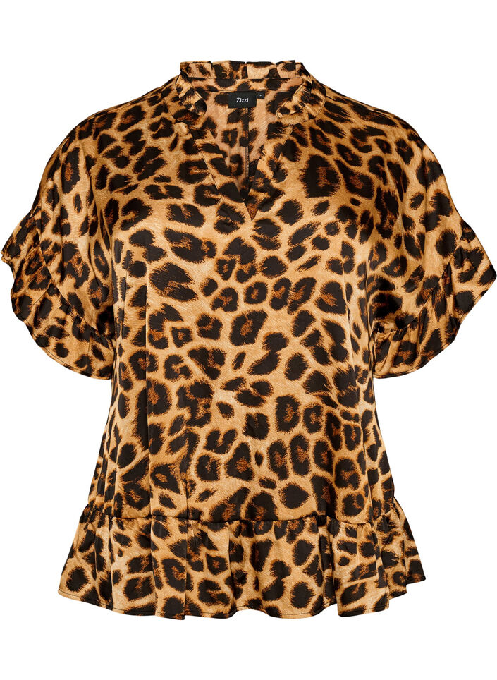 Blus med leopardm&ouml;nster och volangdetaljer, Brun, Packshot image number 0