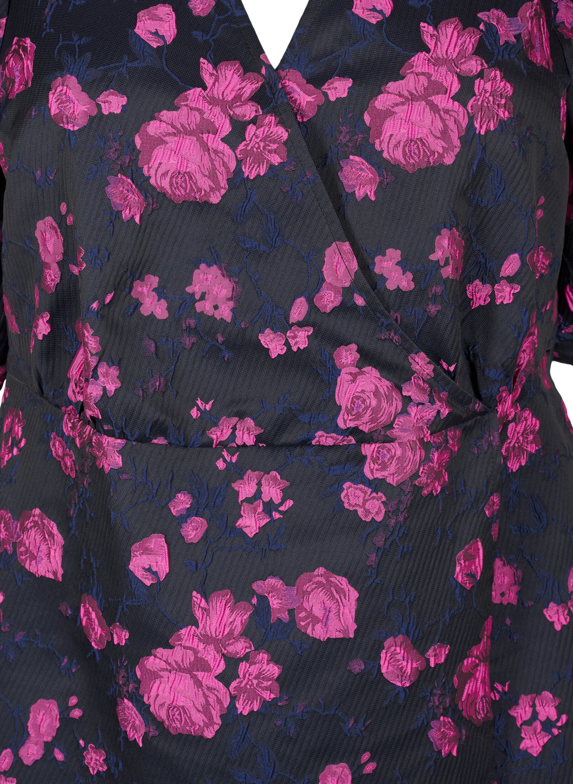 Zizzi Kort omlottkl&auml;nning i jacquardtyg, Black w. Red Rose, Packshot image number 2