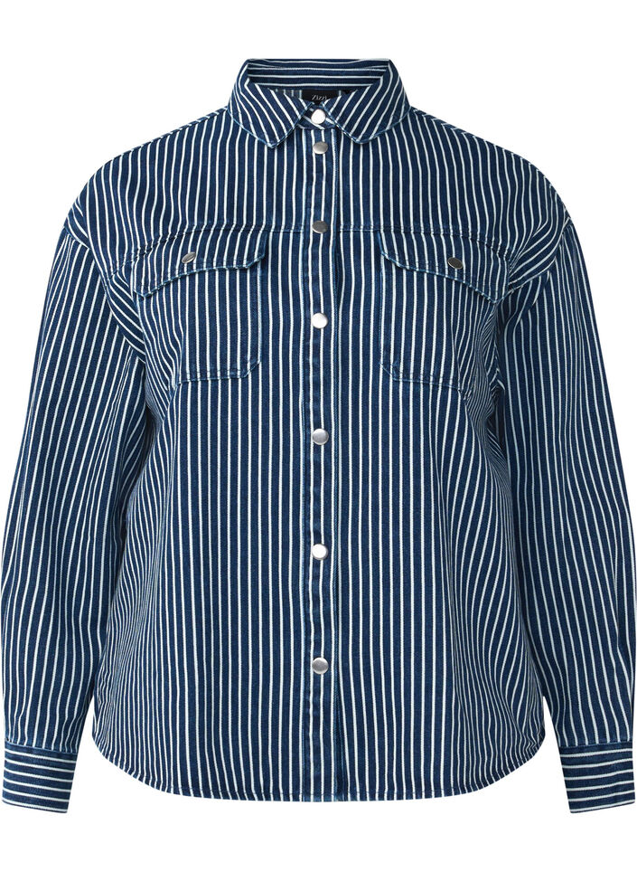 Enfärgad jeansskjorta med bröstfickor, Blue Denim Stripe, Packshot image number 0