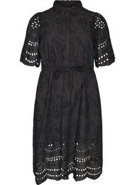 Skjortkl&auml;nning i broderie anglaise med knytb&auml;lte, Svart