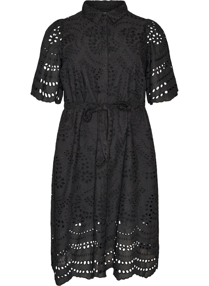 Skjortkl&auml;nning i broderie anglaise med knytb&auml;lte, Svart, Packshot image number 0