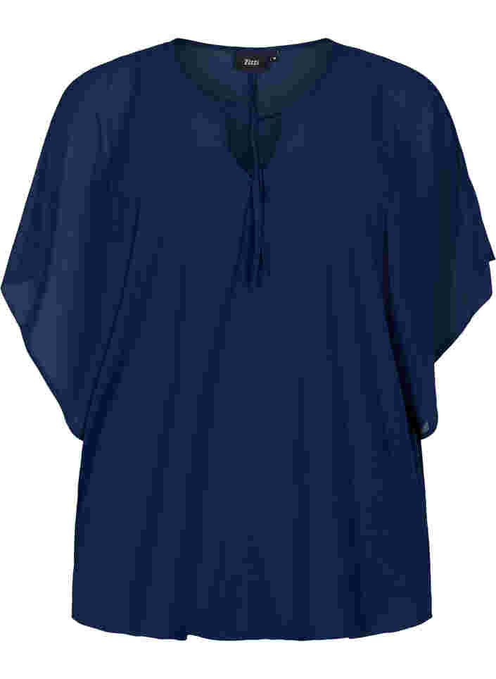 Mönstrad blus med knytband och korta ärmar, Navy Blazer, Packshot image number 0