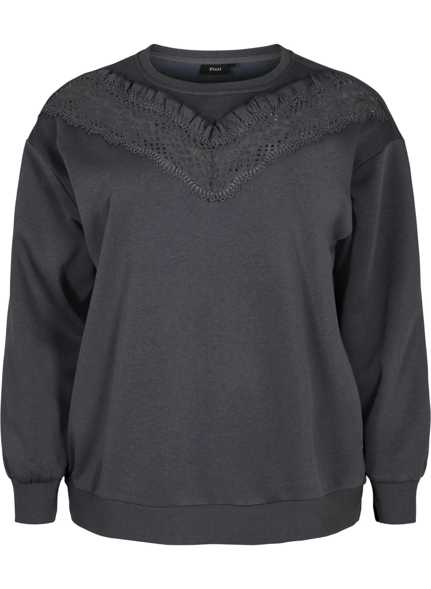 Zizzi Sweatshirt med volang och virkad detalj, Dark Grey, Packshot image number 0
