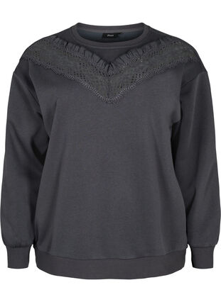 Sweatshirt med volang och virkad detalj, Dark Grey, Packshot image number 0