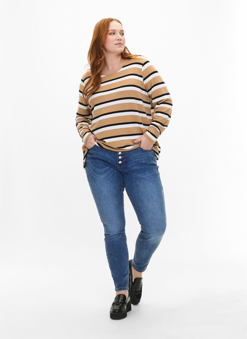 Randig blus med l&aring;nga &auml;rmar, Svart, Model image number 1