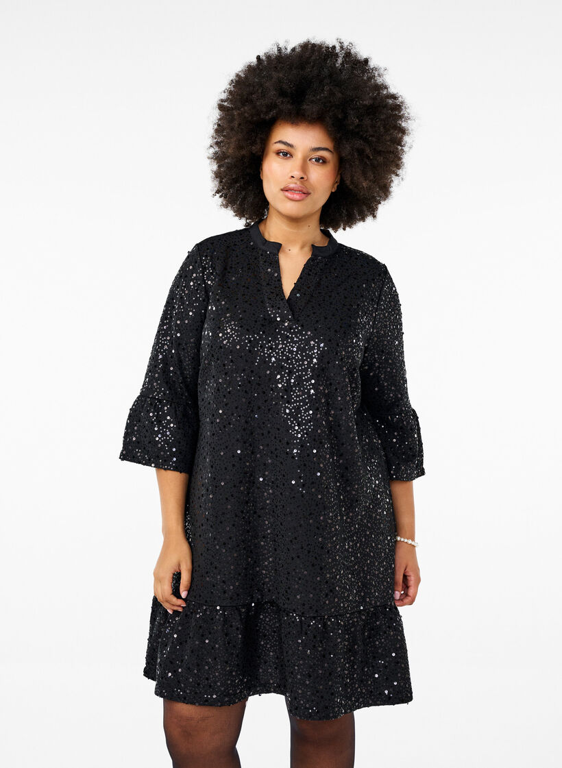 Paljettklänning med V-ringning och trekvartsärmar, Black w. Bl. Sequins, Model image number 0