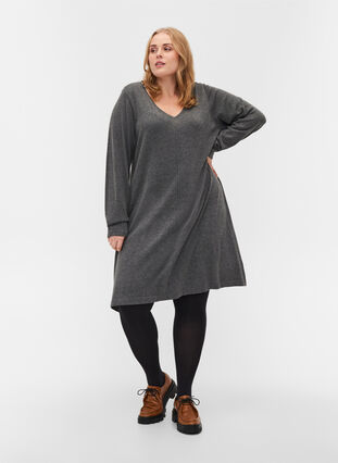 Enfärgad stickad klänning med långa ärmar, Dark Grey Melange, Model image number 2