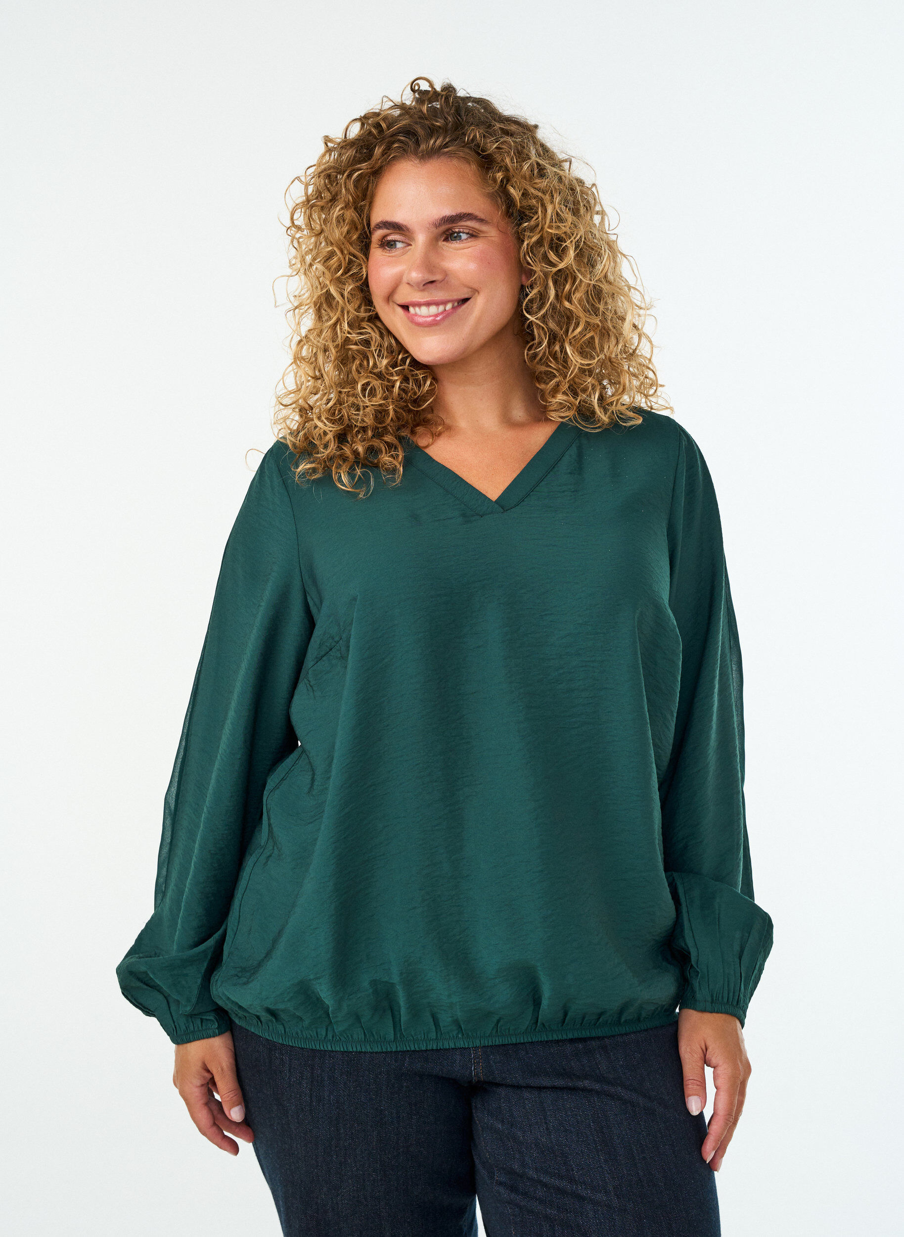 Blus med ballongeffekt och chiffongdetaljer, Gr&ouml;n, Model