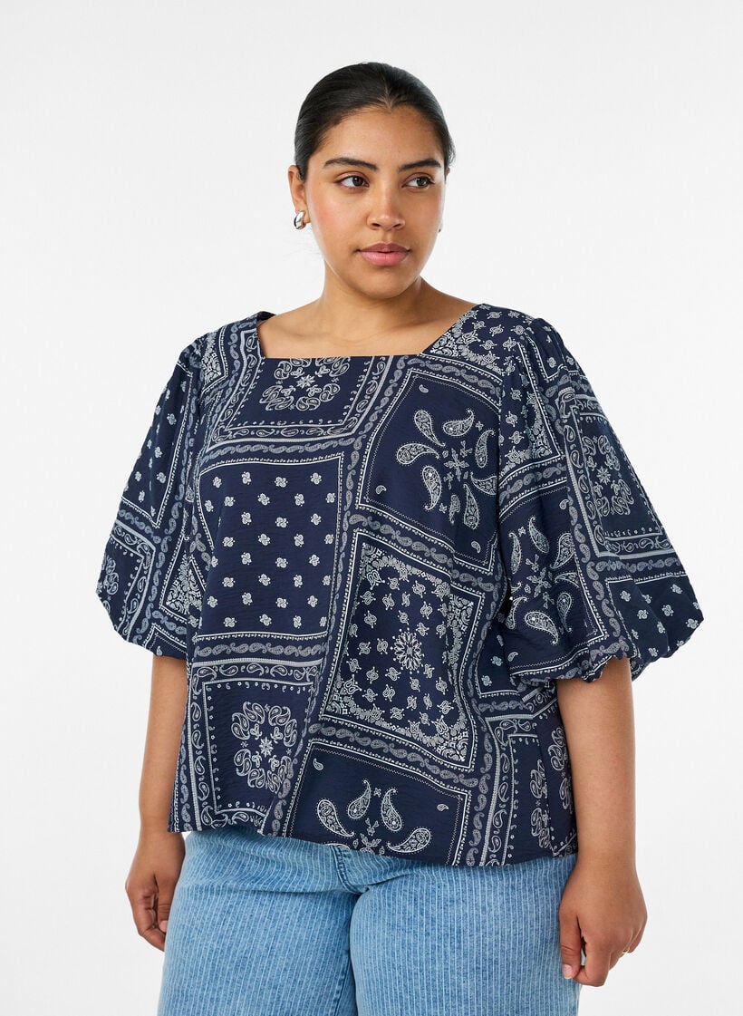 Blus i viskos med paisleym&ouml;nster och ballong&auml;rm, Bl&aring;, Model image number 0