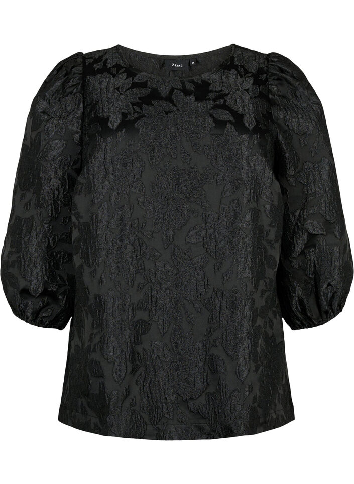 Blus i jacquard med 3/4 ärmar, Black, Packshot image number 0