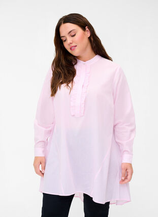 Randig bomullsskjorta med volanger, Pink Stripe, Model image number 0