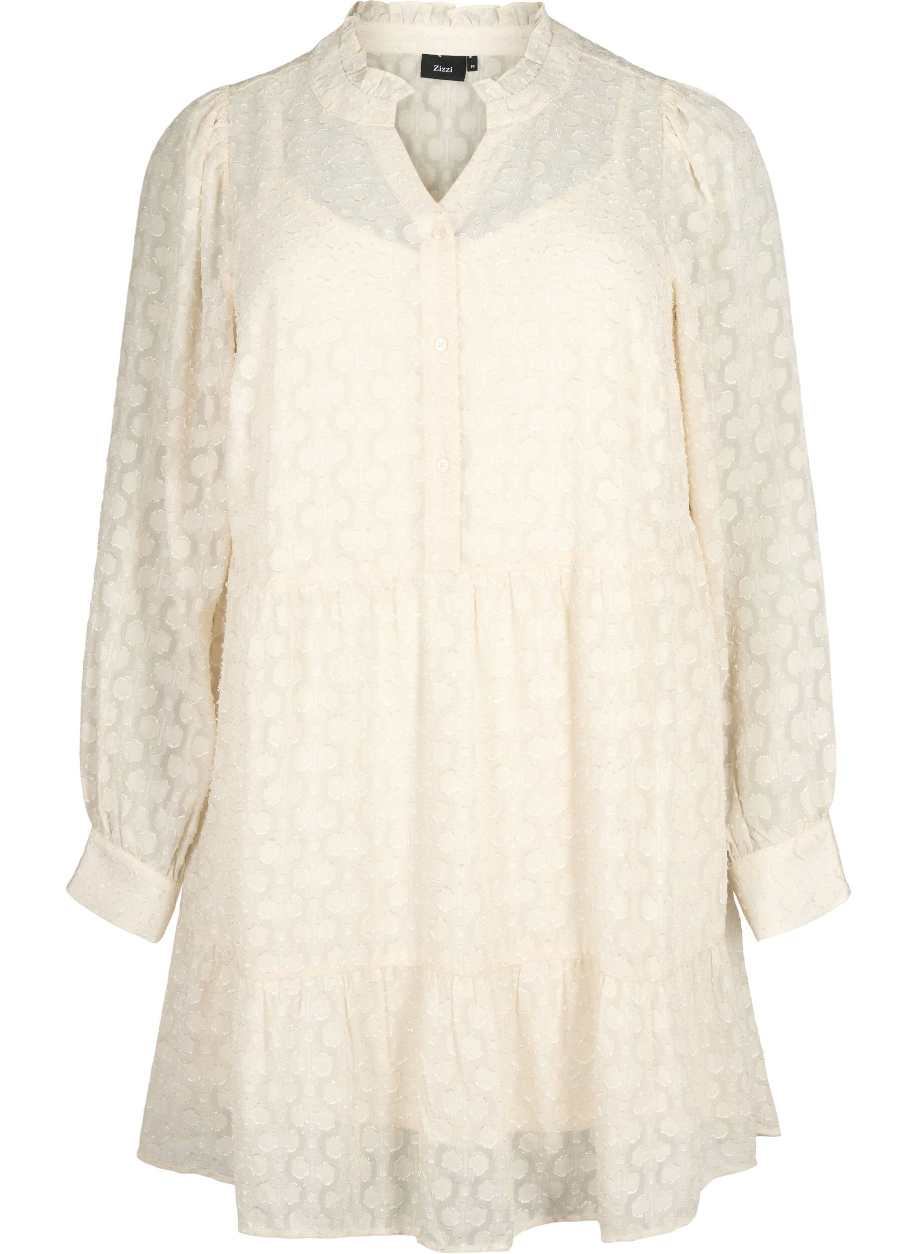 Zizzi Jacquardkl&auml;nning med volangkrage, Birch, Packshot image number 0