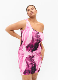 Kroppsnära one-shoulder klänning med tryck, Raspberry Rose AOP, Model