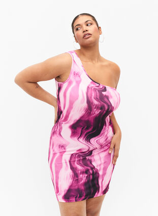 Kroppsnära one-shoulder klänning med tryck, Raspberry Rose AOP, Model image number 0