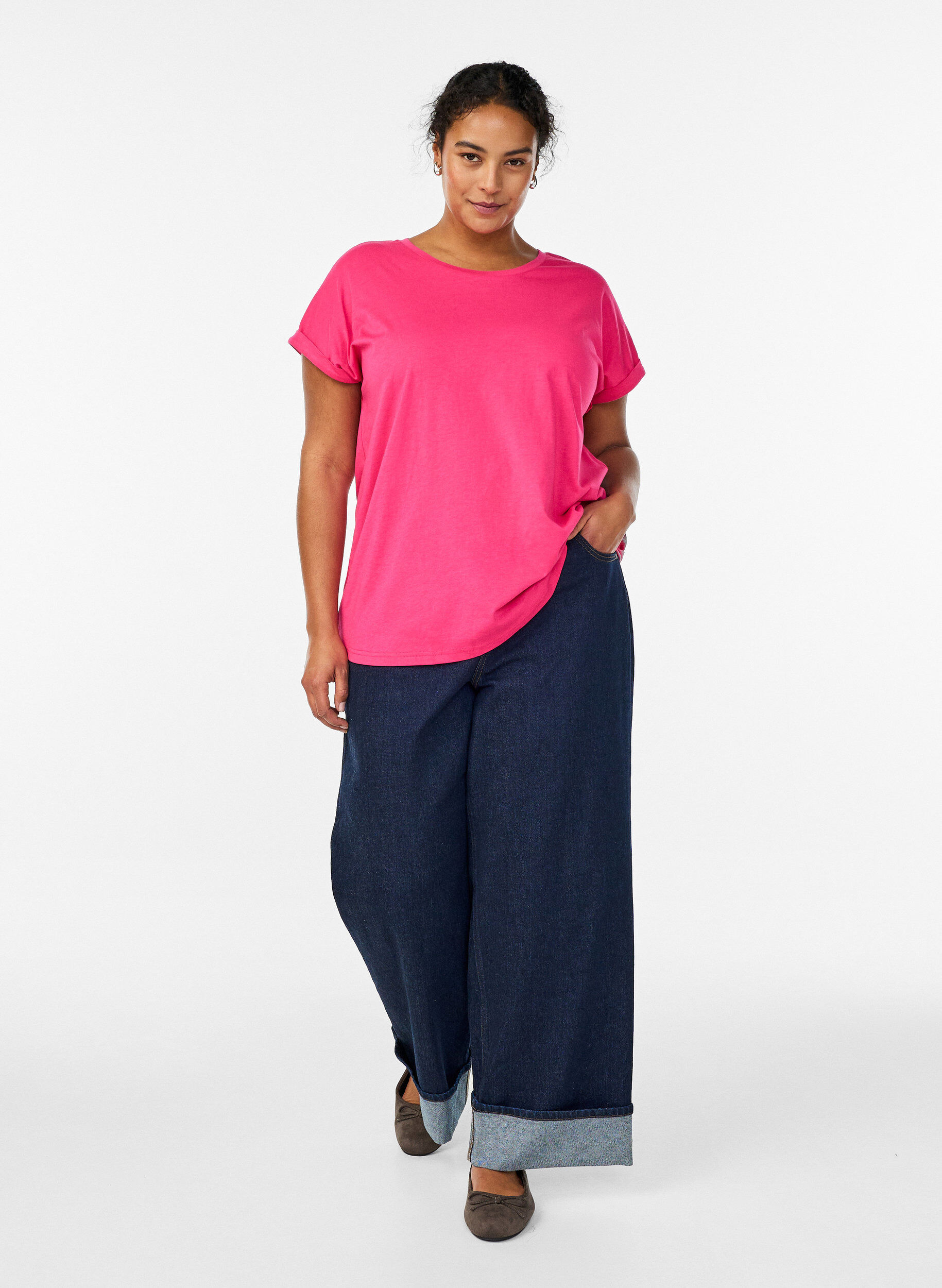 ZizziKort&auml;rmad t-shirt i bomullsmix, Rosa, Model image number 1