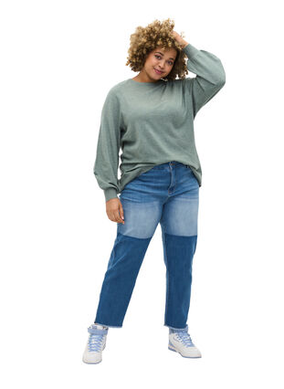 Croppade jeans med kontrast, Blue denim, Model image number 3
