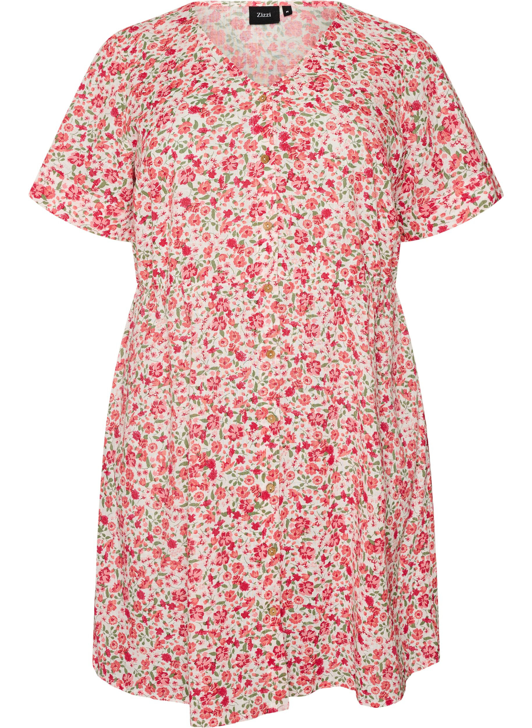 ZizziKort kl&auml;nning i bomull med blommigt m&ouml;nster, R&ouml;d, Packshot image number 0