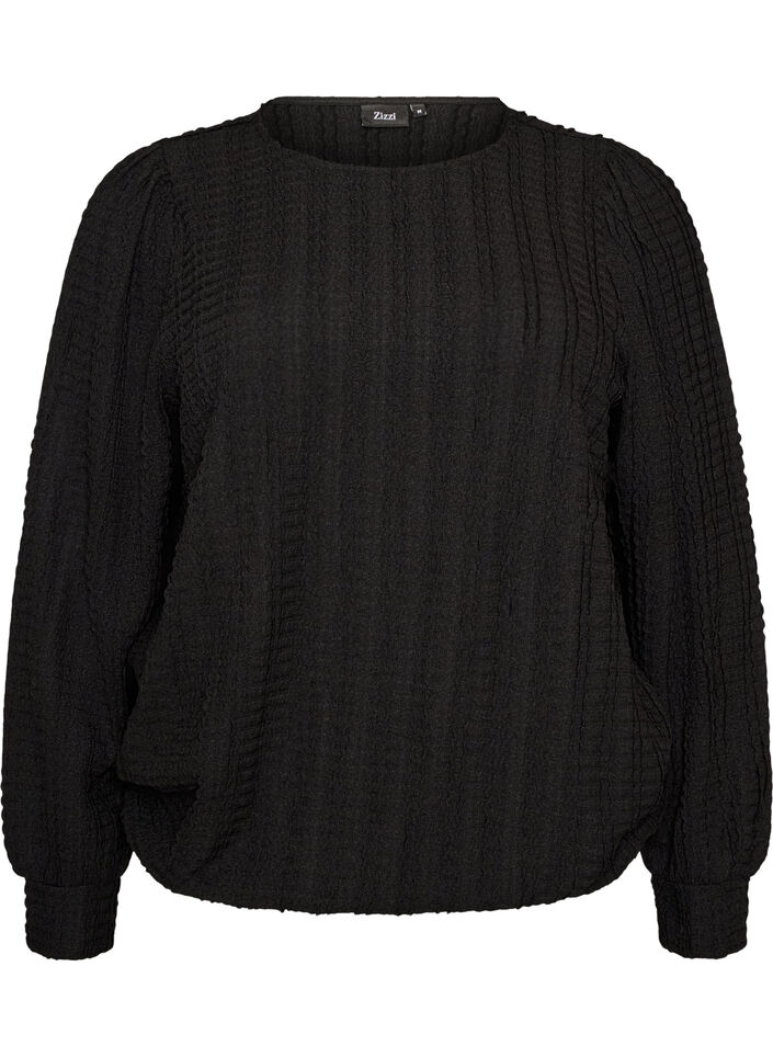 Jerseyblus med struktur och ballongsilhuett, Svart, Packshot image number 0