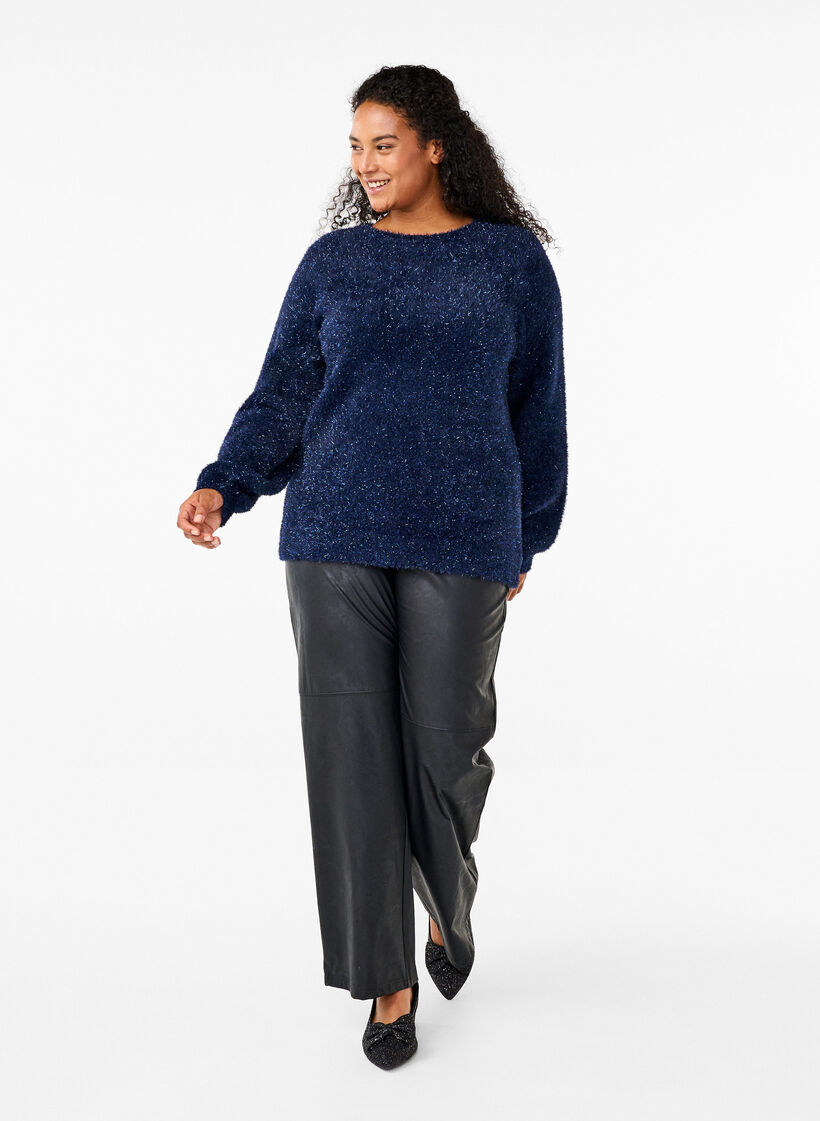 Stickad blus med glittertråd, Blå, Model image number 1