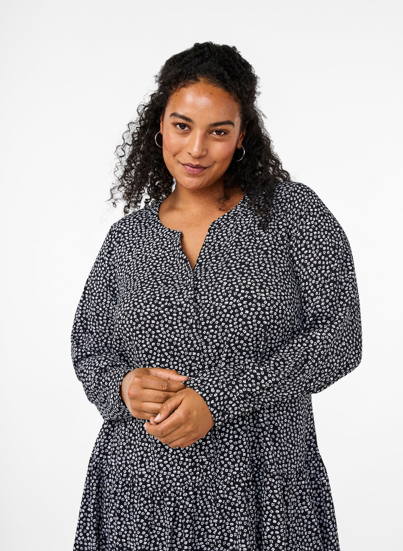 Midi-klänning med långa ärmar, Black Small Flower, Model image number 2