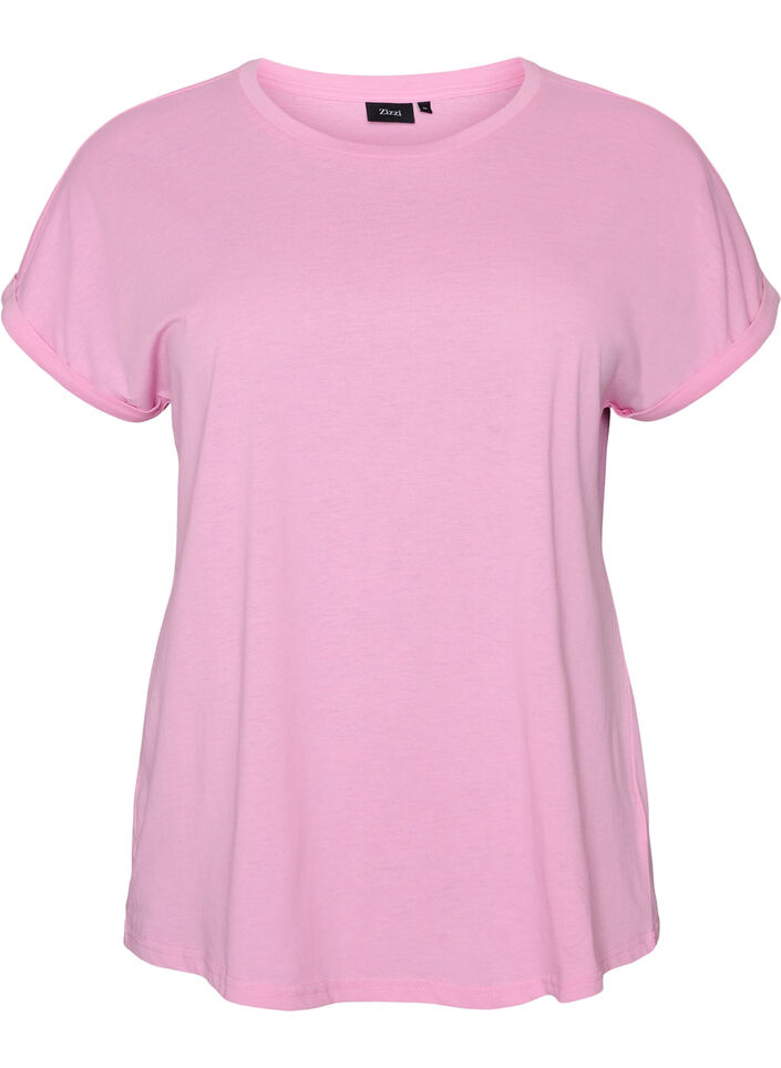 Kort&auml;rmad t-shirt i bomullsmix, Rosa, Packshot image number 0