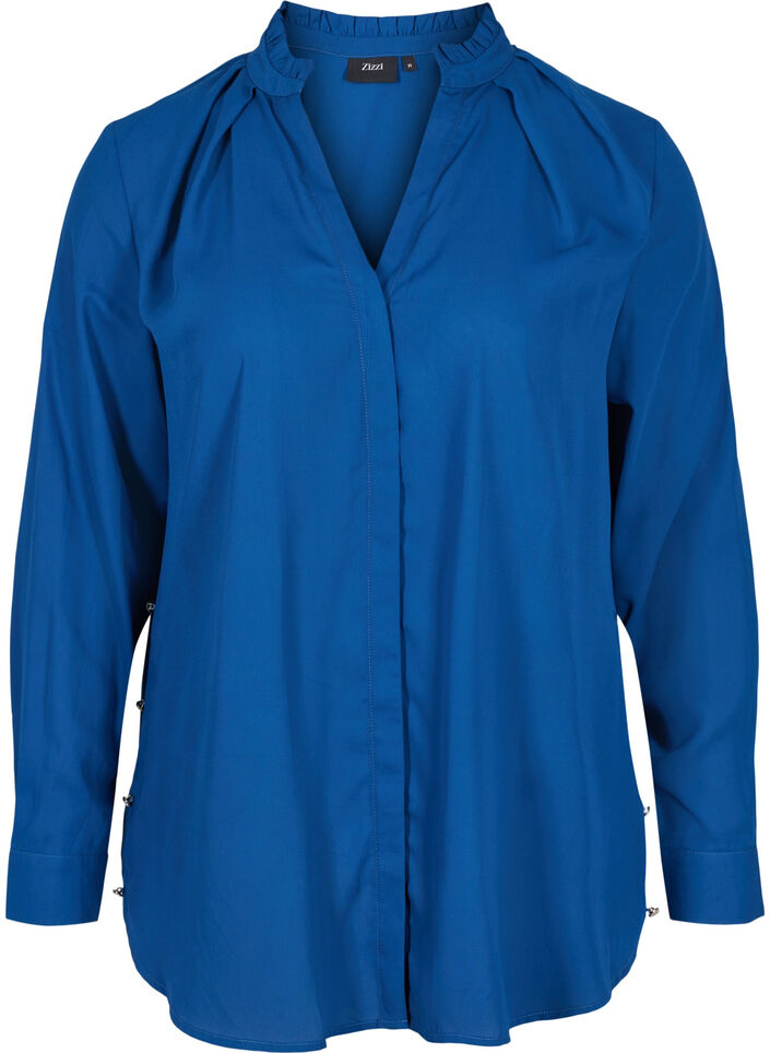Långärmad skjorta med volangkrage, Estate Blue, Packshot image number 0