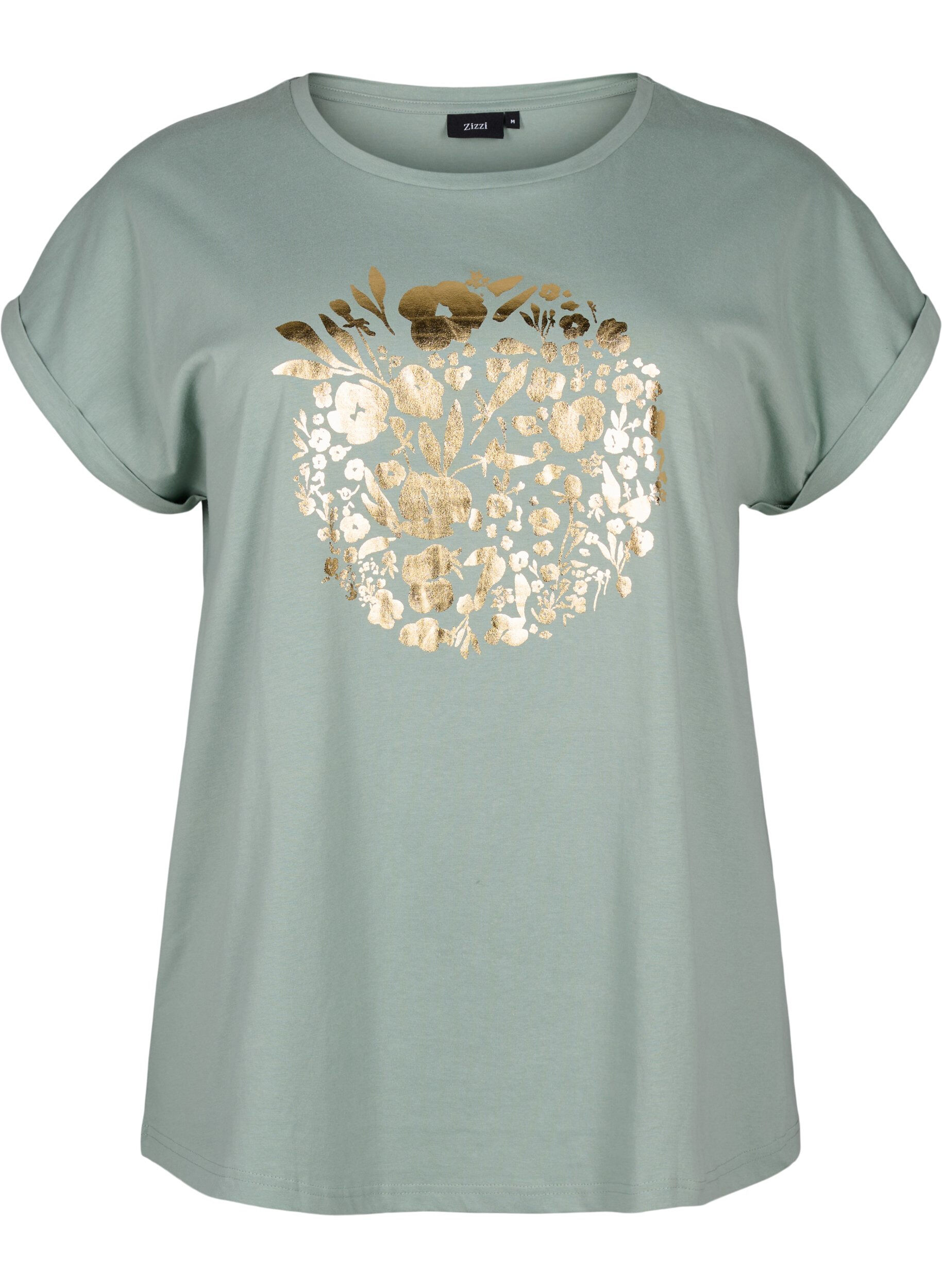 Zizzi T-shirt i ekologisk bomull med guldtryck, Ch.Green Gold Flower, Packshot image number 0