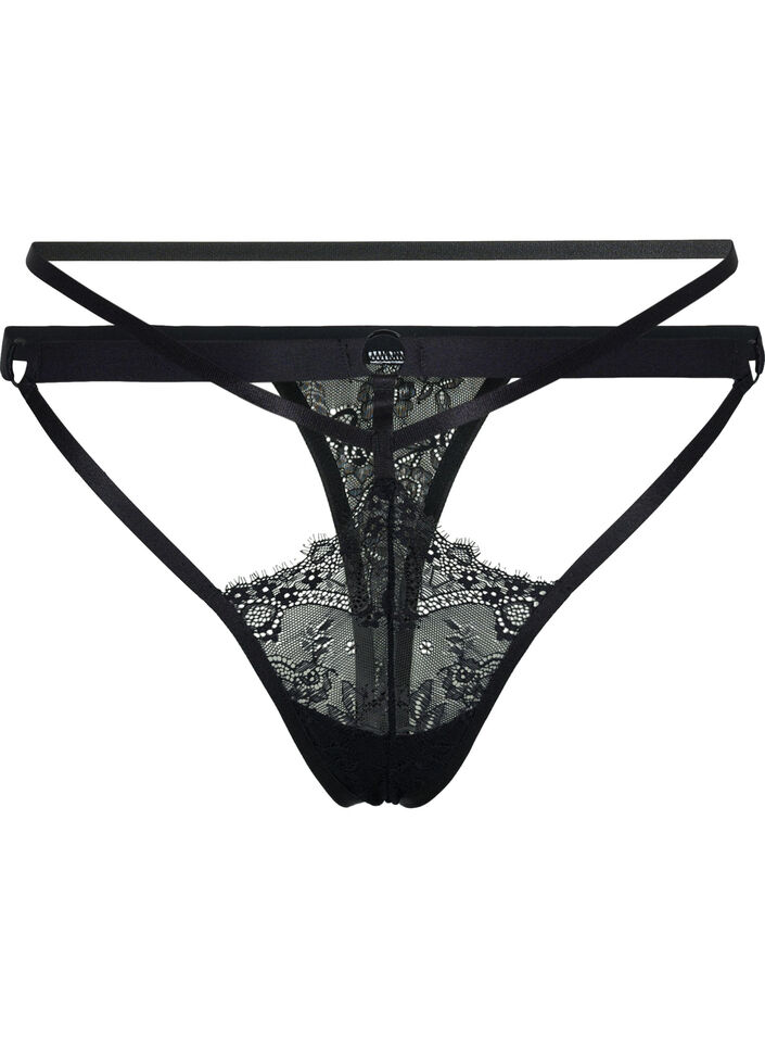 G-string med snörning och spets, Black, Packshot image number 0