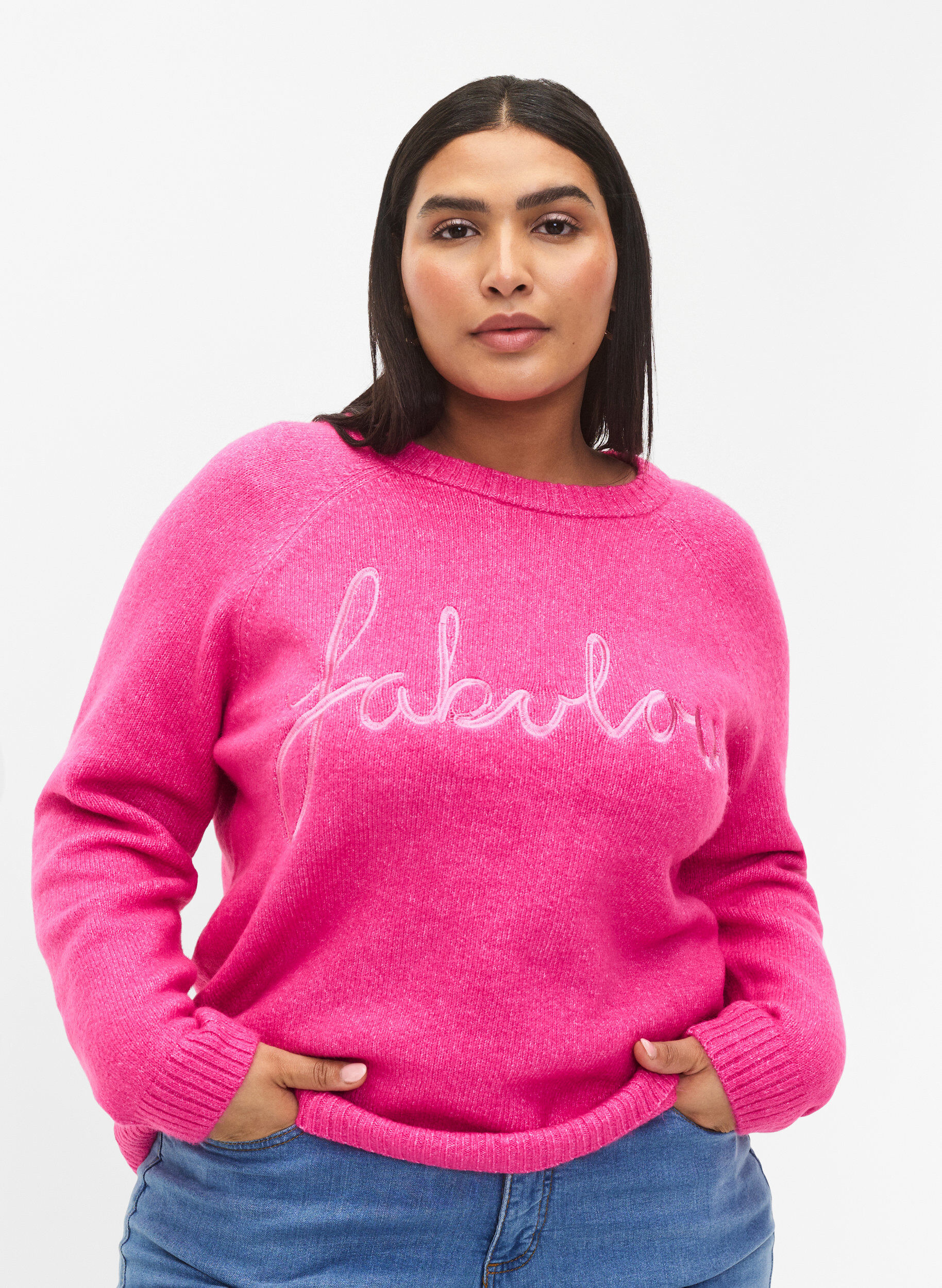 Zizzi Stickad blus med broderad text, Raspberry Rose, Model image number 0